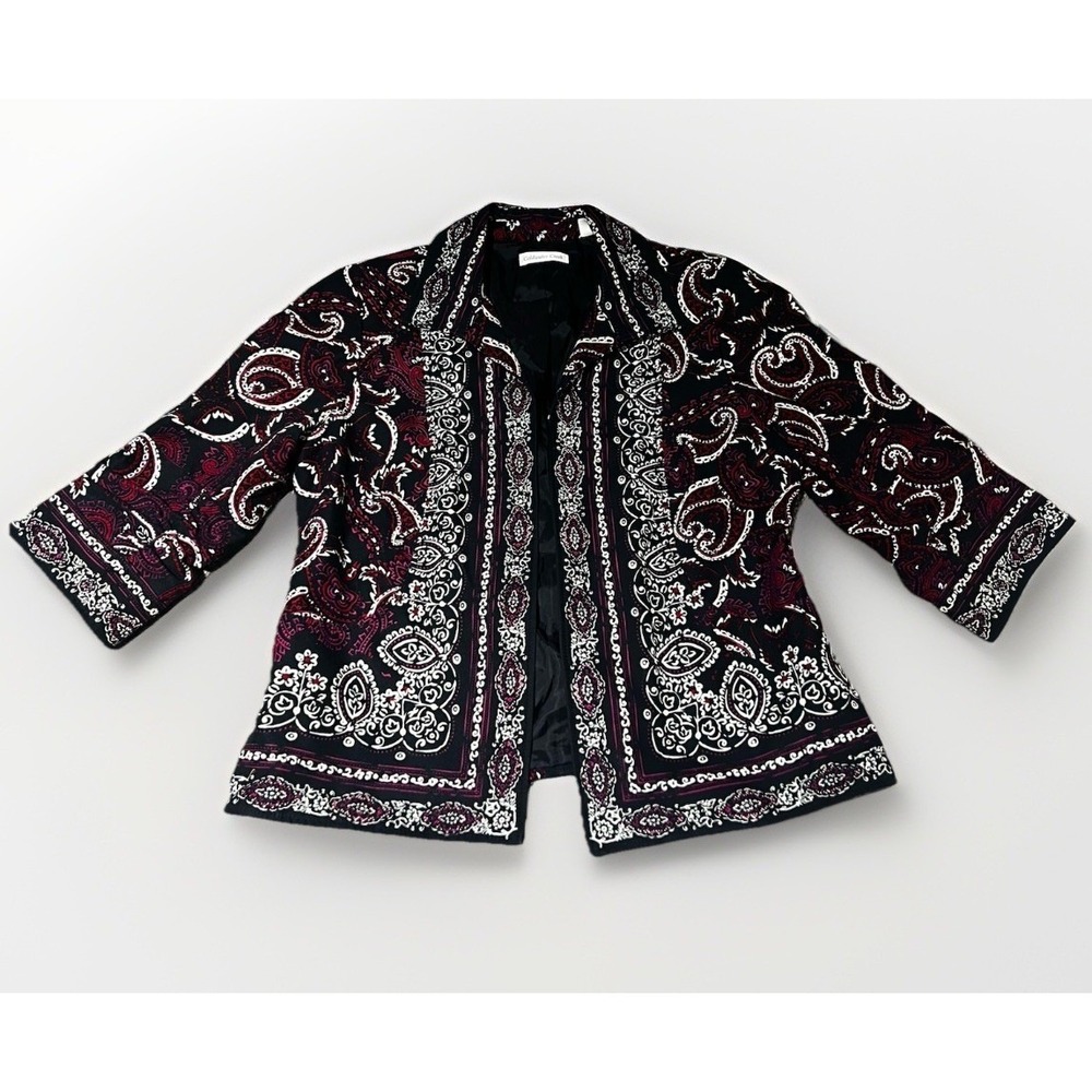 Coldwater Creek Paisley Cotton Open Blazer With Ruched Sleeves, Women's Size 14